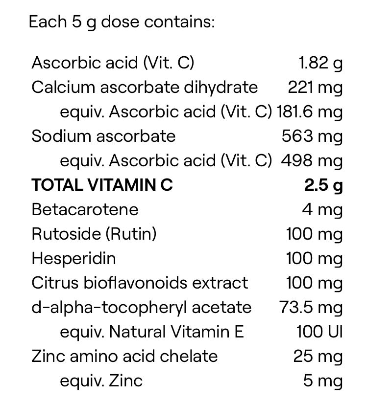 A text-based supplement facts table listing ingredients and dosages for a Vitamin C product, including ascorbic acid, calcium ascorbate dihydrate, sodium ascorbate, betacarote, rutoside, hesperidin, citrus bioflavonoids extract, d-alpha-tocopheryl acetate, zinc amino acid chelate, and total vitamin C.